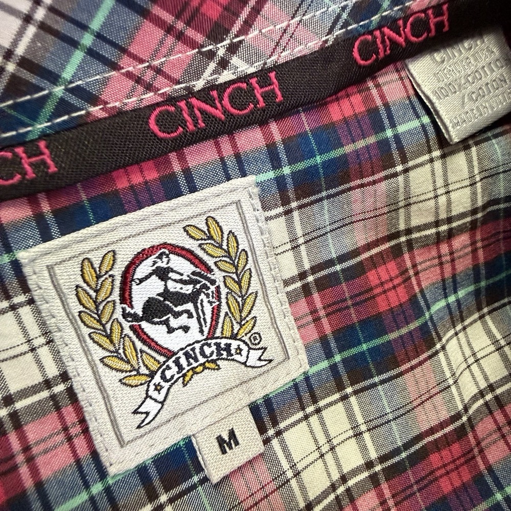Cinch Shirt Men's Western Cowboy Pink Blue Plaid Button Down Long Sleeve Medium - Picture 3 of 11